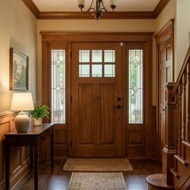 Interior view of craftsman entry door with sidelights and wood trim