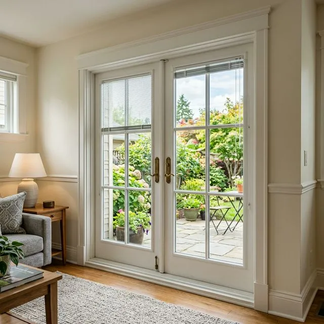 French door with built-in blinds between glass panes