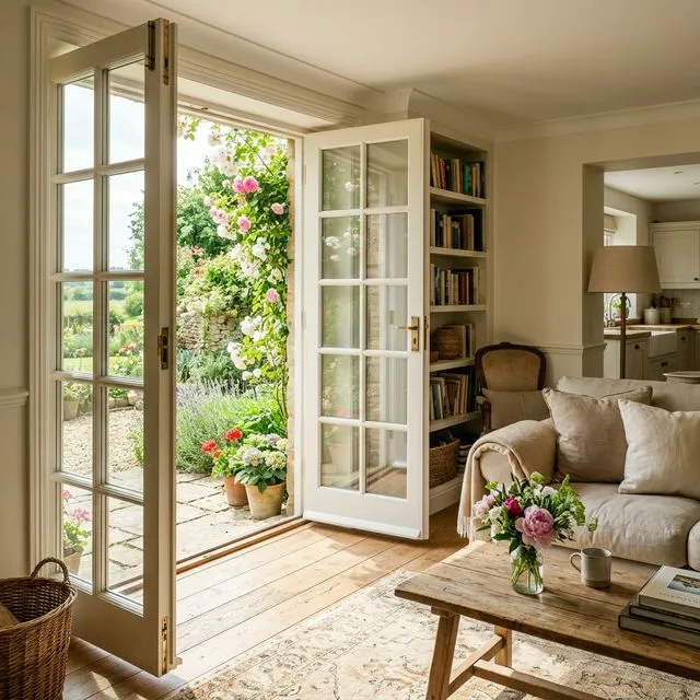 Interior view of French doors letting in natural light