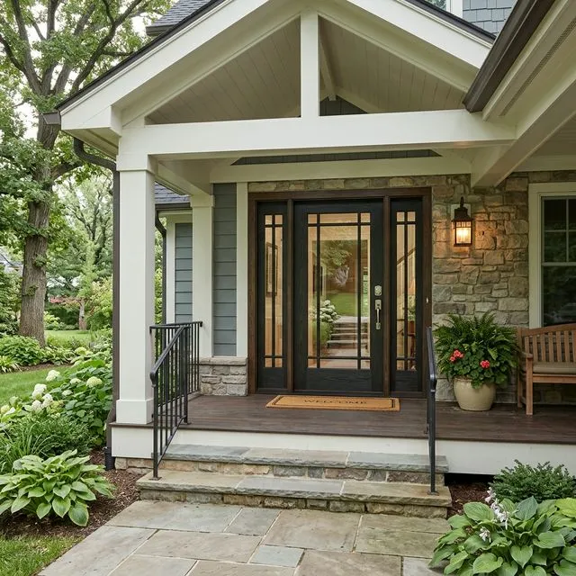 Completed full-lite glass entry door installation on covered porch