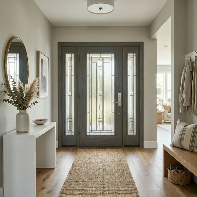 Interior view of modern entry door with decorative glass inserts