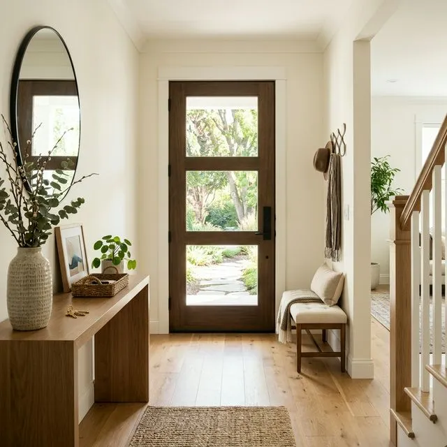 Modern three-lite entry door interior with natural light