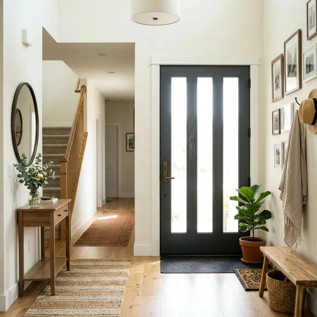 Three-lite entry door interior view with bright natural light