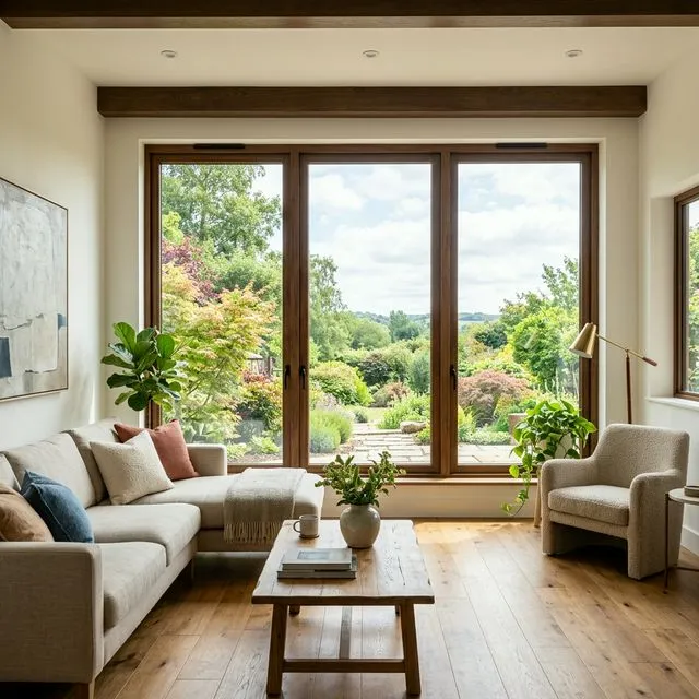 Large three-wide picture window interior view flooding room with light