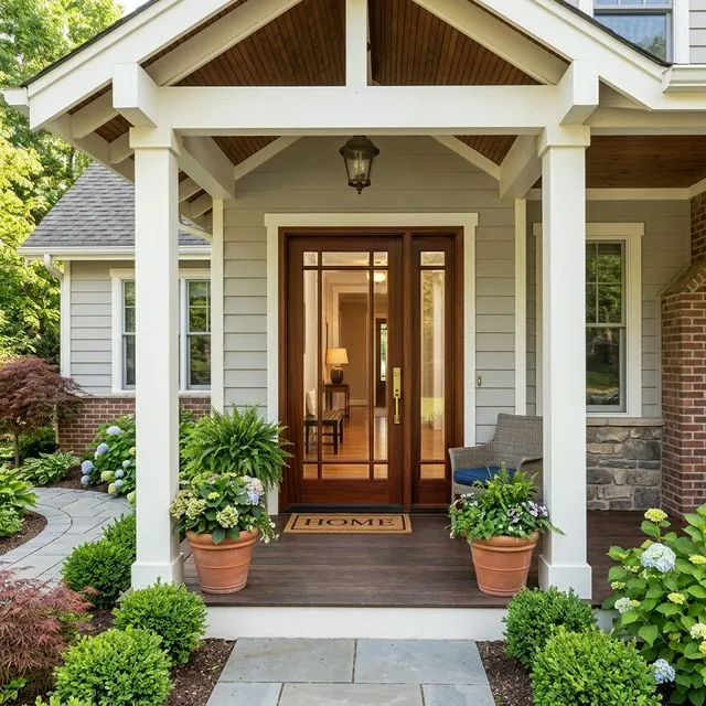 Full-lite glass entry door with sidelight on covered front porch